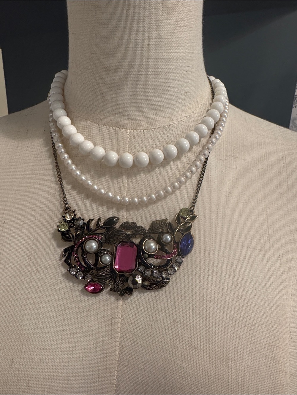 Lot of 3 Necklaces. 2 Pearl. 1 ornate multicoloured rhinestone. Statement Piece